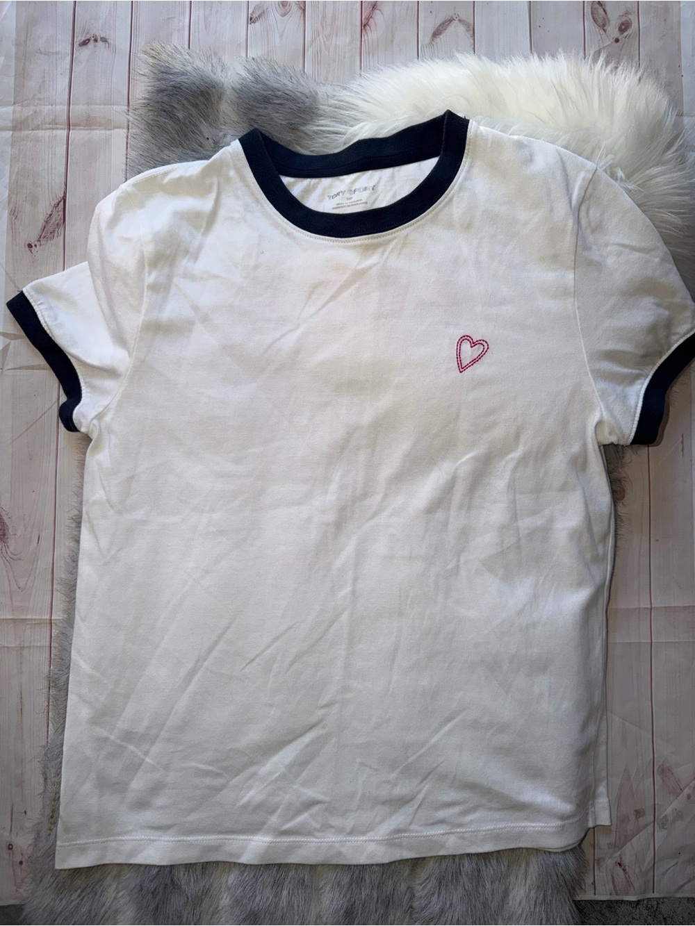 Tory flocked love ❤️ White Ringer Tee with Navy Trim and Pink Heart